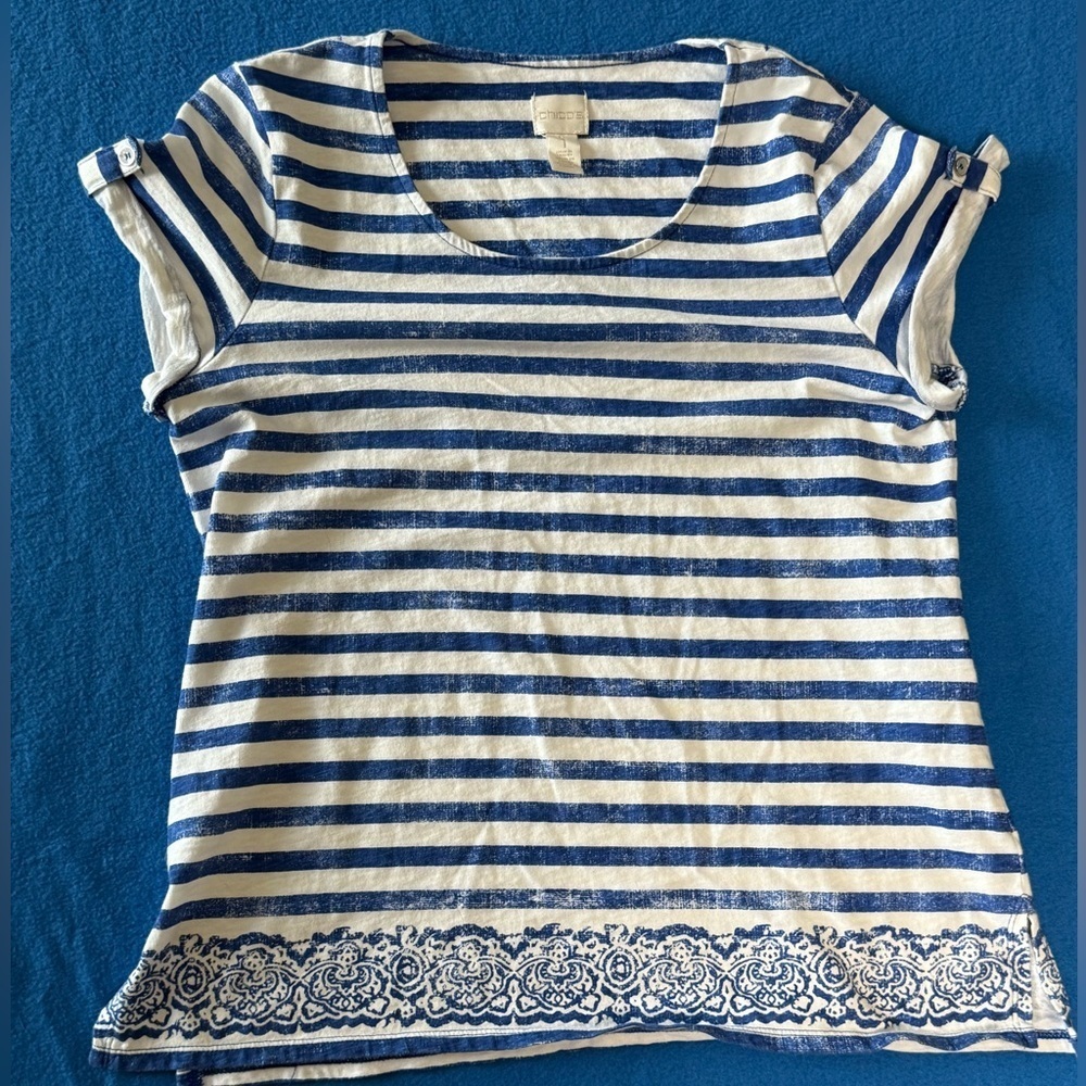 Chico's 100% Cotton Sz 1 (US Sz M or 8) Bordered Stripe Basic Button Tab Sleeves